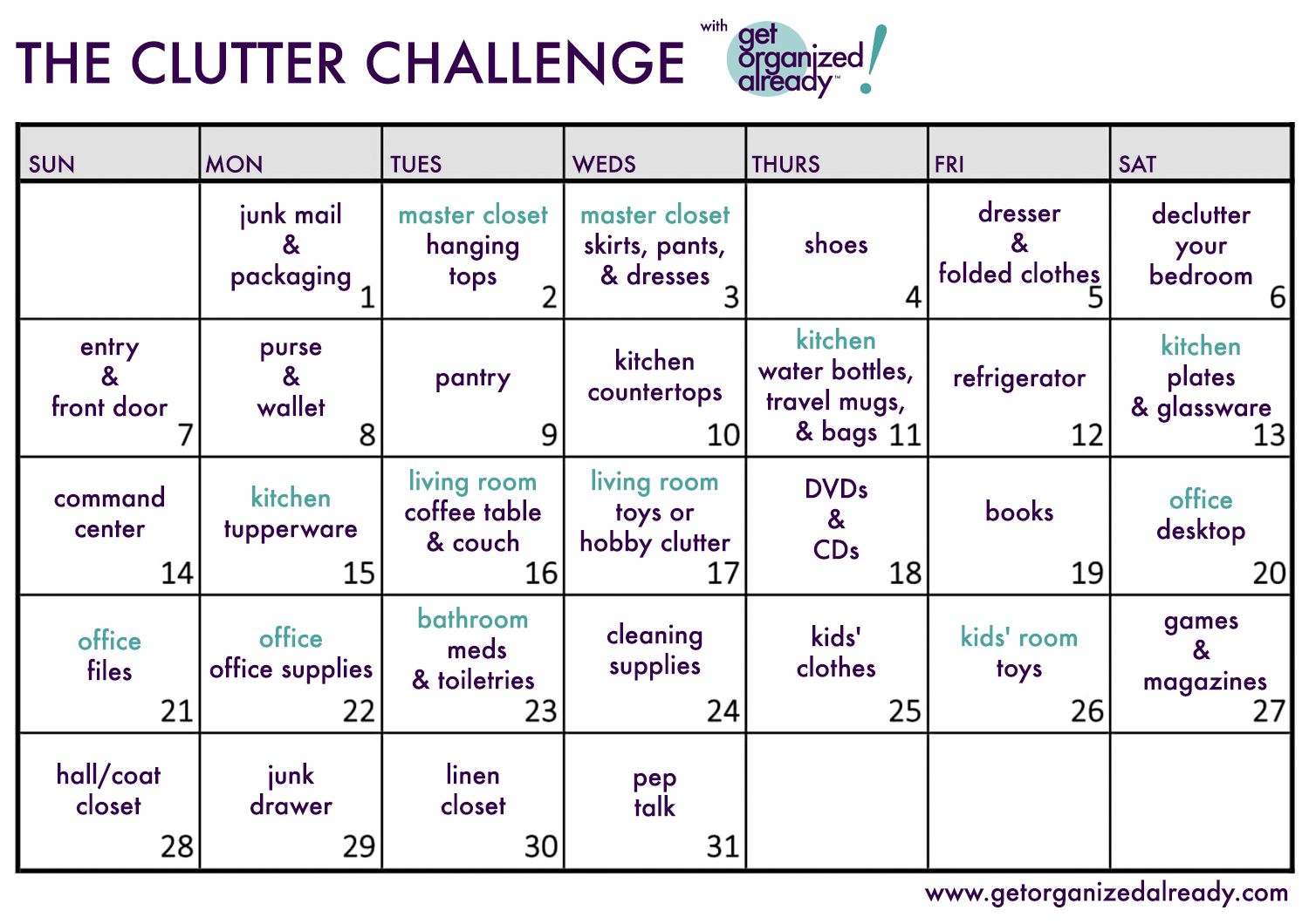 clutter challenge calendar