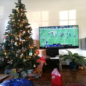 christmas tree living room football on tv